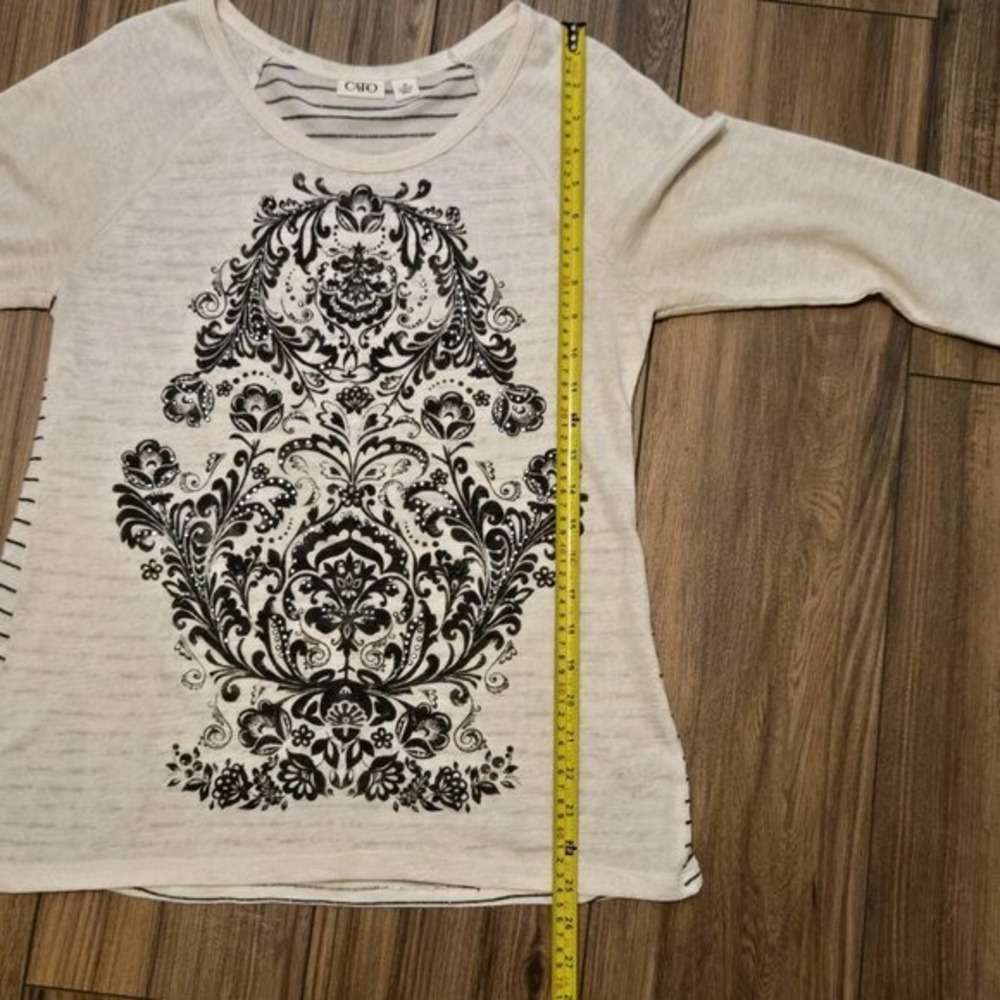Cato Womens Cream Black Damask Stripe 3/4 Sleeve Top Size M - Picture 4 of 7